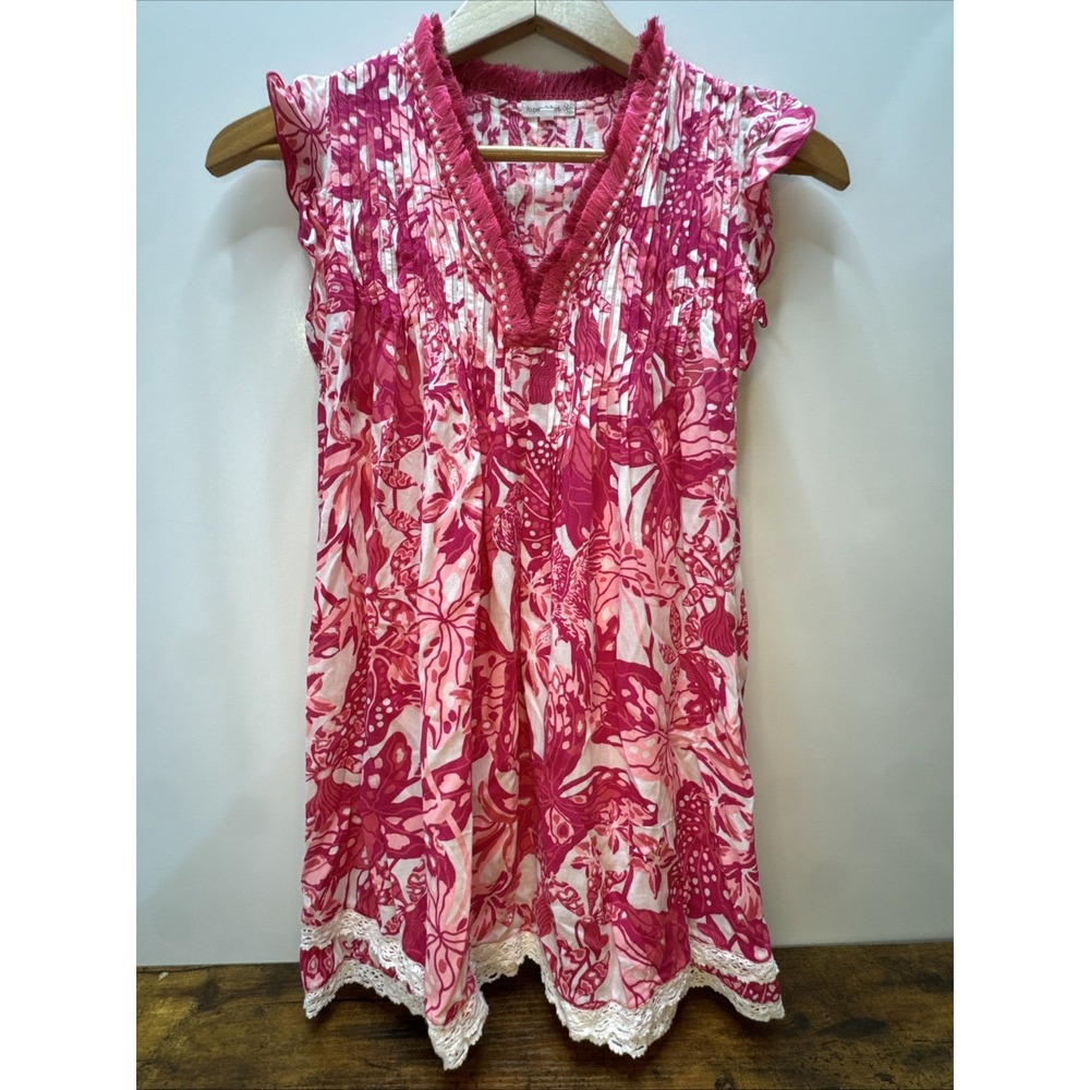 Poupette St Barth‎ Sasha Mini Dress Girl's 10 Pink Floral Crochet Flutter Sleeve
